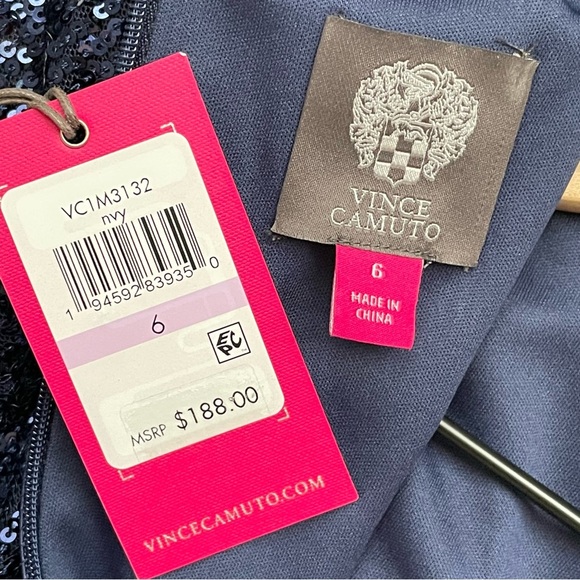 VINCE CAMUTO Long Sleeve Stand Neck Keyhole Sheath in Navy Blue Sequin Size 6 - Picture 14 of 14